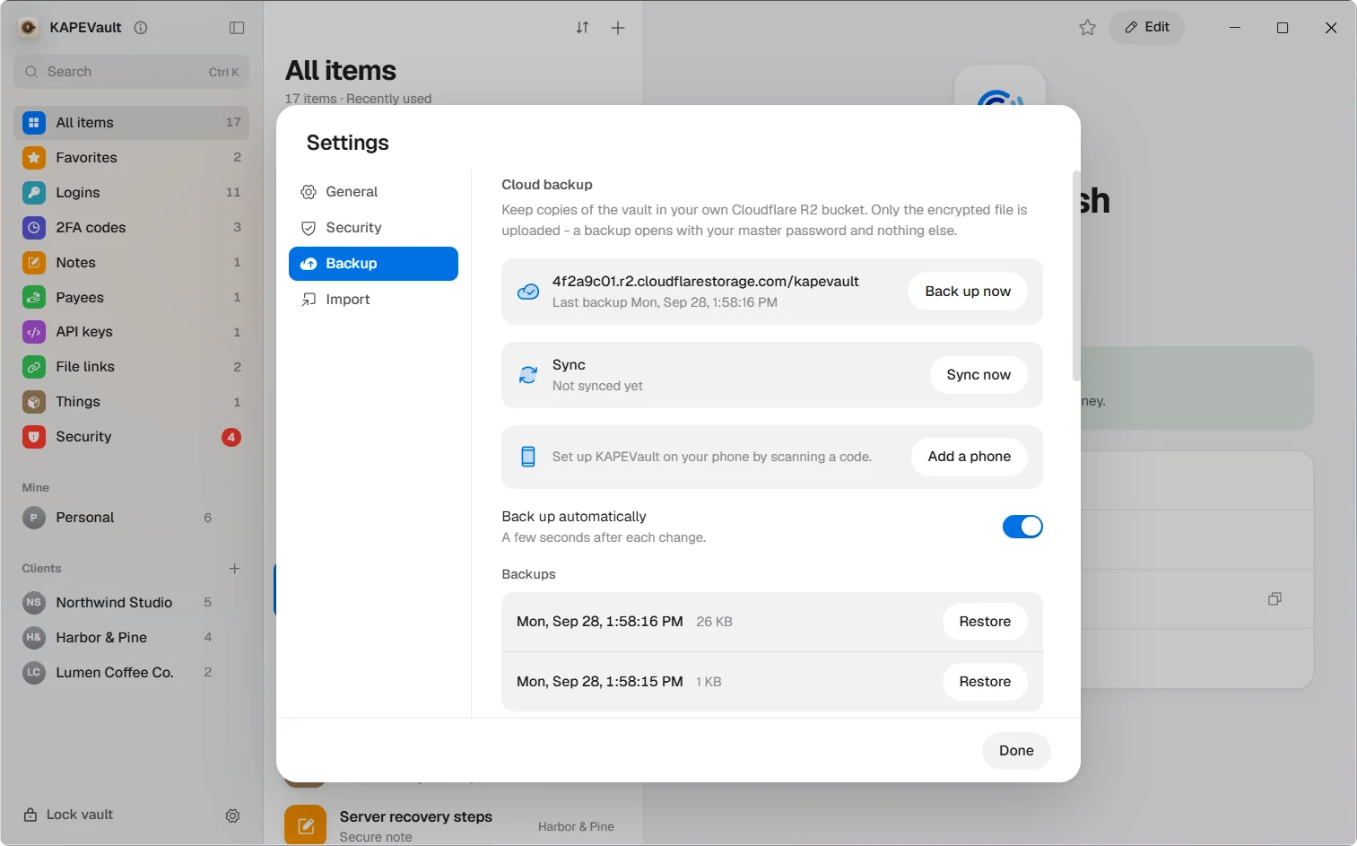 KAPEVault Settings, Backup, connected to a Cloudflare R2 bucket