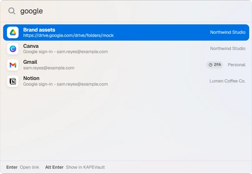 KAPEVault quick search window opened with Ctrl+Shift+Space