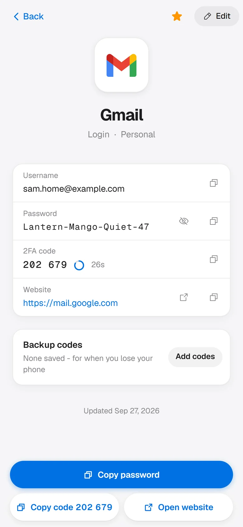 KAPEVault on Android: a Gmail login with its password and a live 2FA code