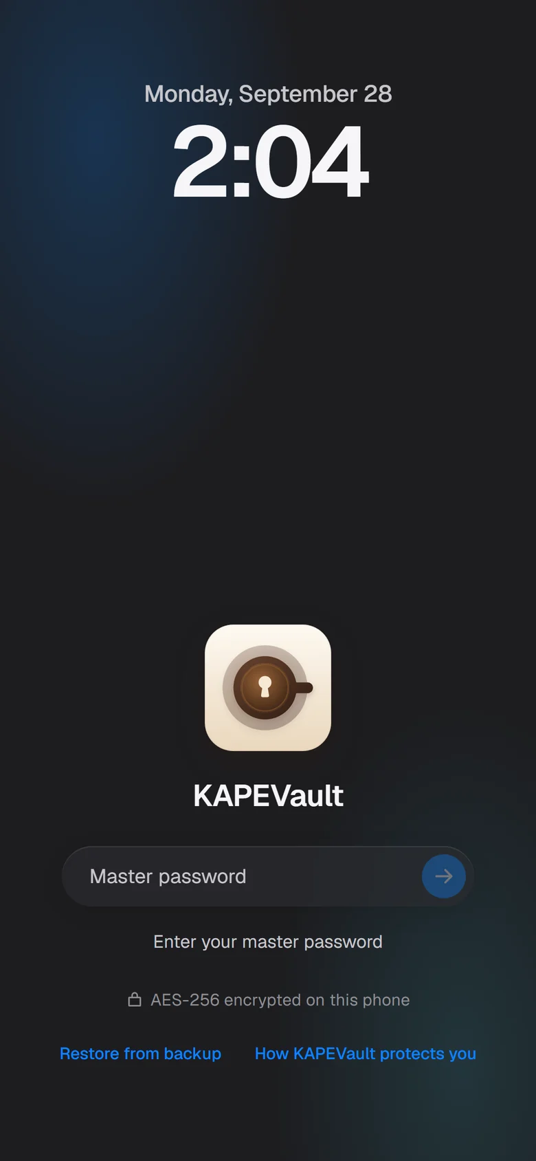 KAPEVault unlock screen on Android, dark theme
