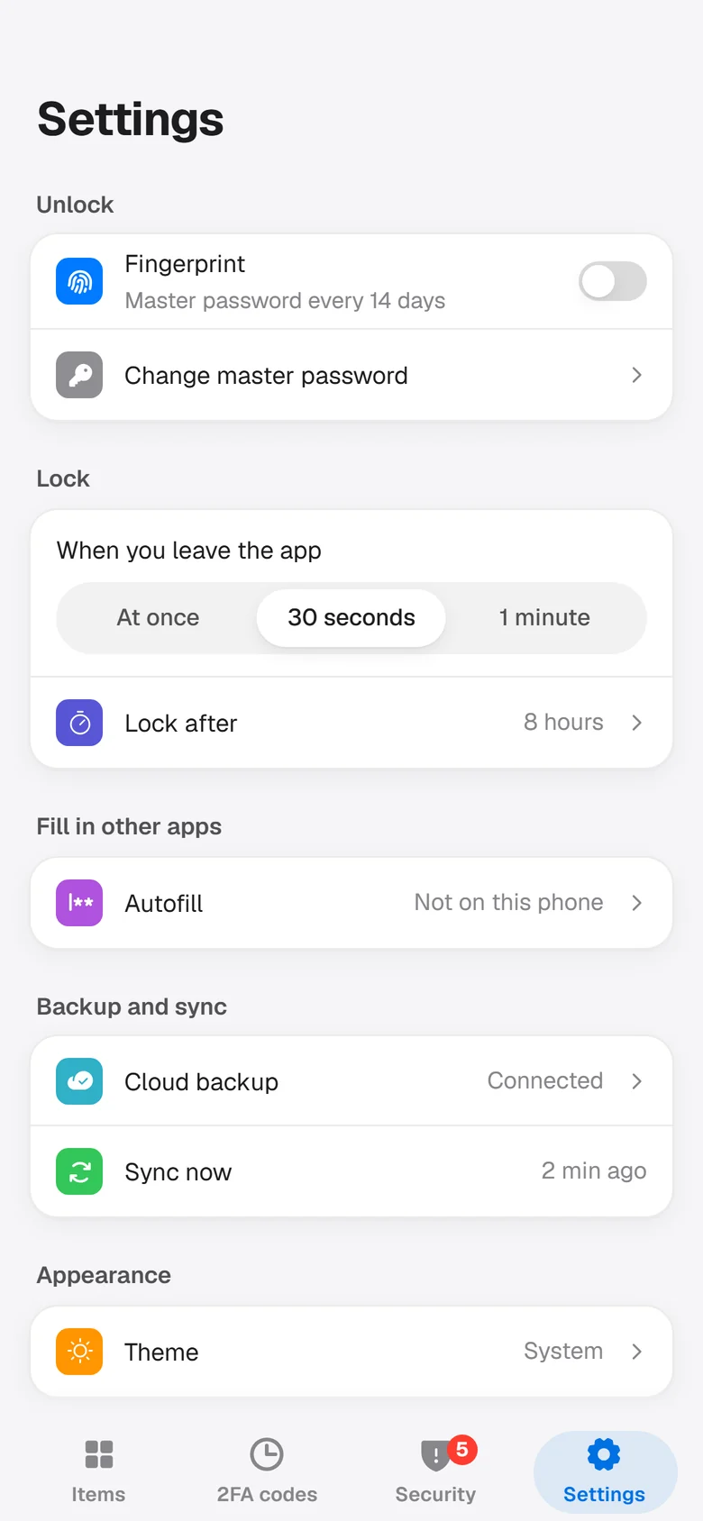 KAPEVault Settings on Android with cloud backup and sync